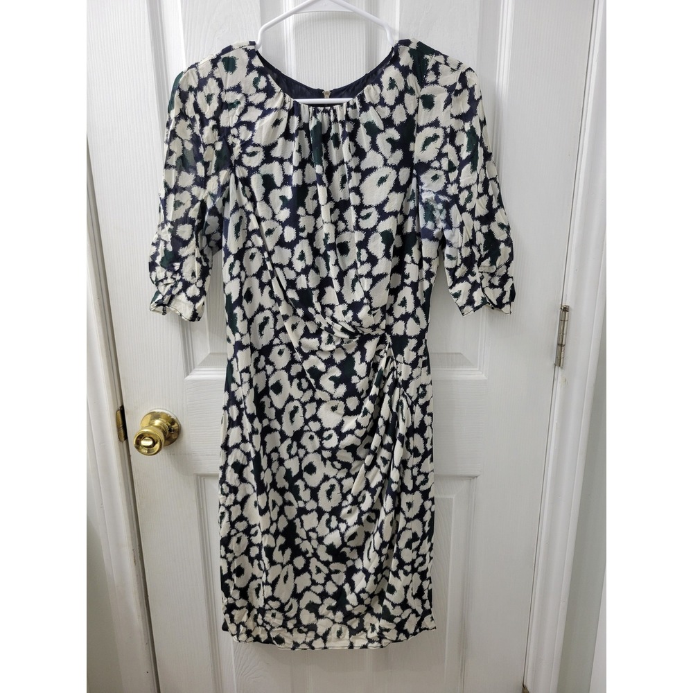 Whistles Silk Blend Animal Print Draped Sheath Dress Navy Green US 6